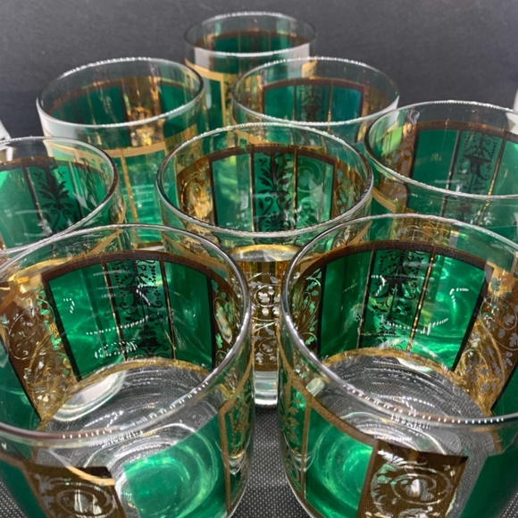 8 mid century low ball green and gold glasses with wooden glass caddy - Picture 10 of 13